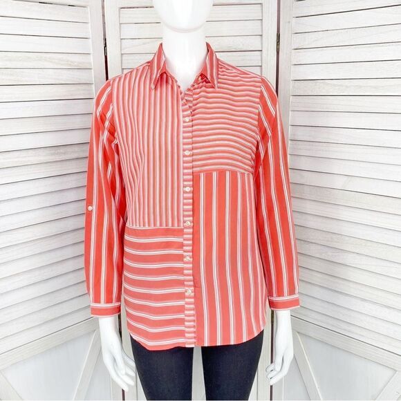 Charter Club Multi Stripe Pattern Block Button Front Blouse Coral White SP - Picture 1 of 11